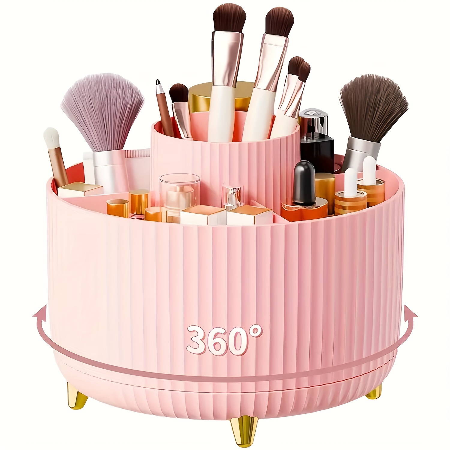 Luxury Skincare Design - 360度回転式化粧品収納ボックス - 5つのコンパートメント付きプラスチック製化粧品収納ボックス1個 - ブラシ、口紅、スキンケア製品、文房具用の多機能オーガナイザー -