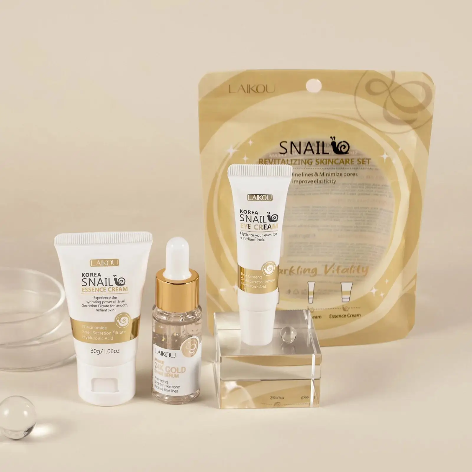 Luxury Skincare Serum - 24Kゴールドスネイルリペアセラムアイクリームエッセンスセット 保湿、小じわを滑らかに、毛穴を小さくする 高級スキンケア